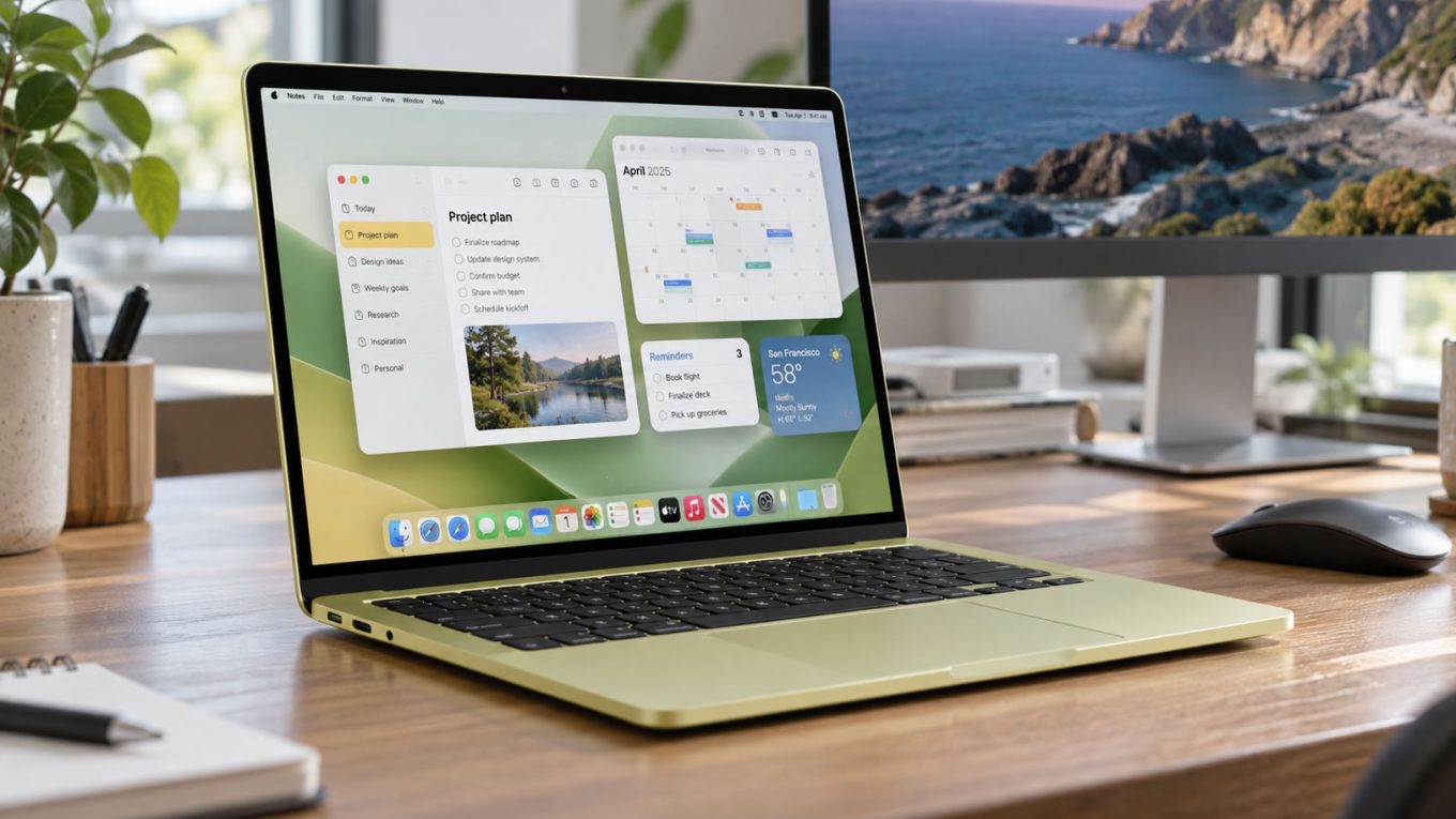 Apple MacBook Neo na cor Citrus, aberto sobre uma mesa de madeira, exibindo o macOS e aplicativos de produtividade.