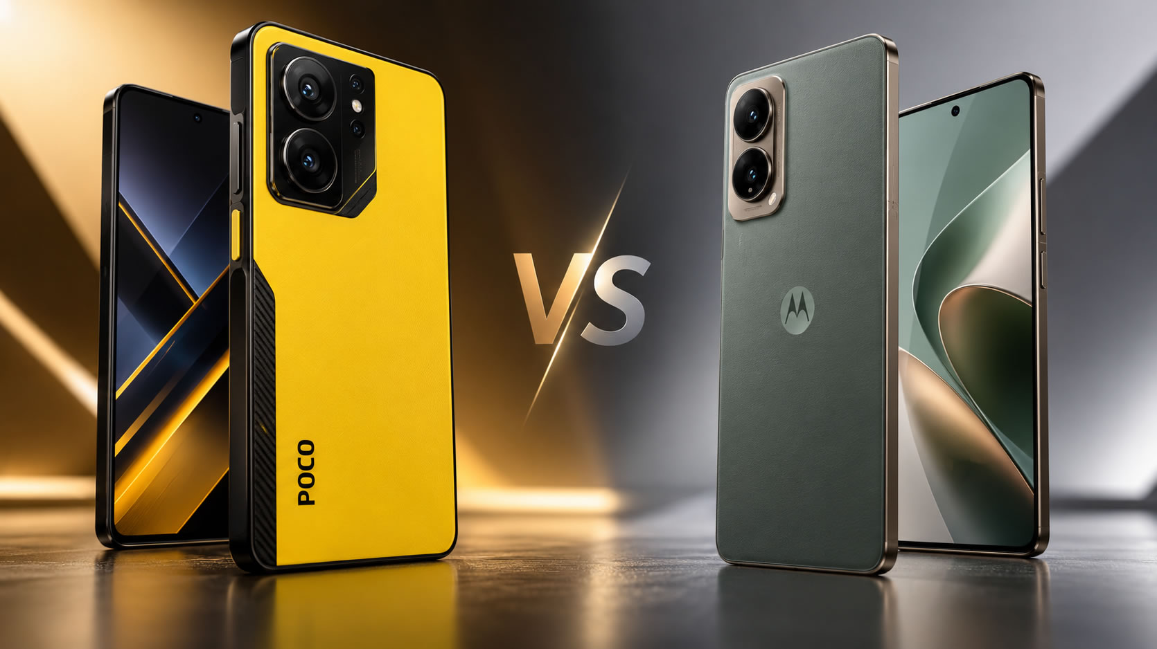 POCO X8 Pro amarelo e Motorola Edge 70 verde lado a lado em comparativo de smartphones.
