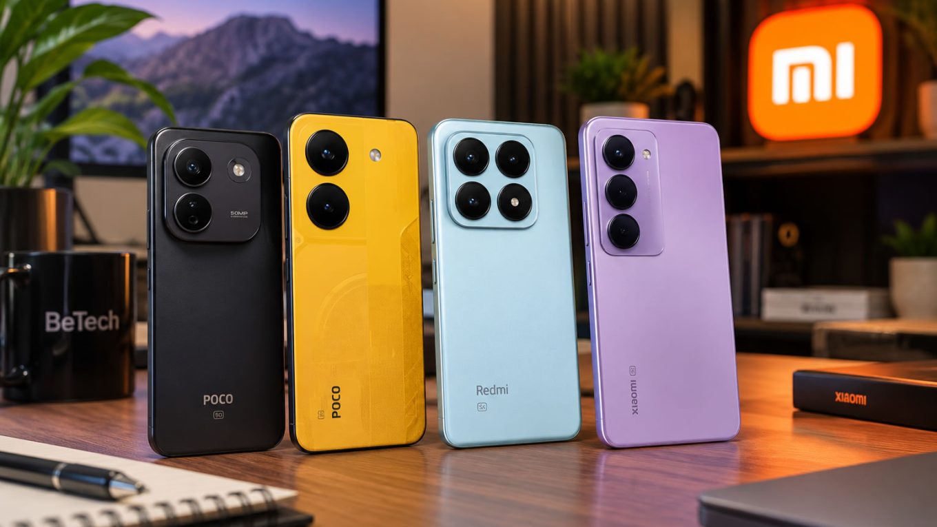 Quatro smartphones Xiaomi, POCO e Redmi sobre uma mesa, ilustrando a queda nas vendas da Xiaomi no Brasil em 2026.